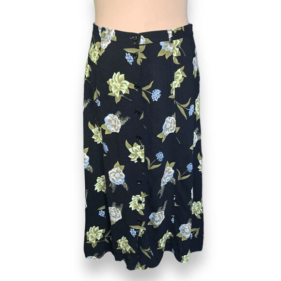 Sag Harbor Dresses & Skirts - Vintage Black Floral Button Front Romantic Grunge Flowing Midi Skirt Cottage